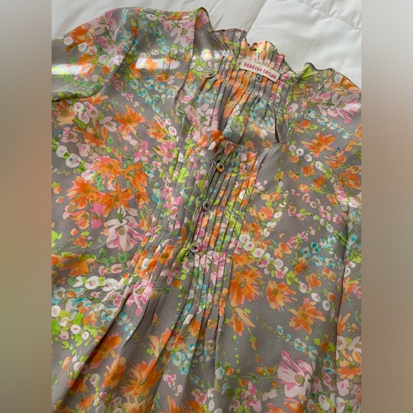 Rebecca Taylor 100% silk designer blouse floral pleated long sleeve button up - Picture 6 of 8